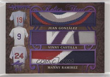 2019 Leaf Ultimate Sports - Ultimate Relics Three - Purple #UR3-08 - Juan González, Vinny Castilla, Manny Ramirez /5