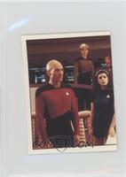 Picard, Yar and Troi meeting Riker (left half)