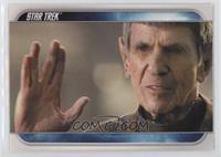 Spock delivers the iconic Vulcan salute.